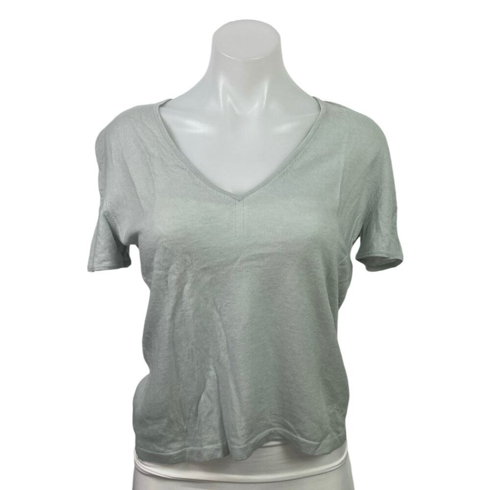 Linda Allard Ellen Tracy Gray 100% Cashmere V Neck Short Sleeve Tee Top Size L
